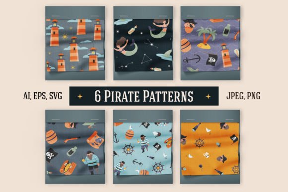 Discover 6 Pirate Seamless Patterns and 6 Pirate Seamless Patterns with Jolly Roger for Creative Projects
