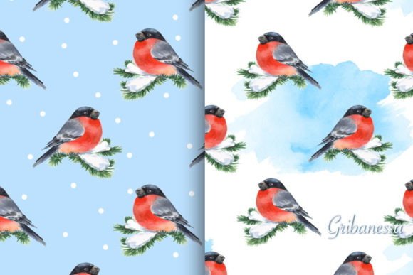 Seamless Winter Patterns with Bullfinch